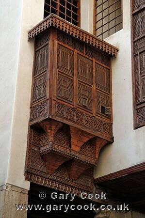 Wooden lattice shutters (mashrabiyya), Bayt al-Suhaymi, traditional family mansion, Islamic Cairo, Egypt