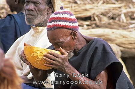 Dogon village elders drinking millet beer, Tirelli, Mali